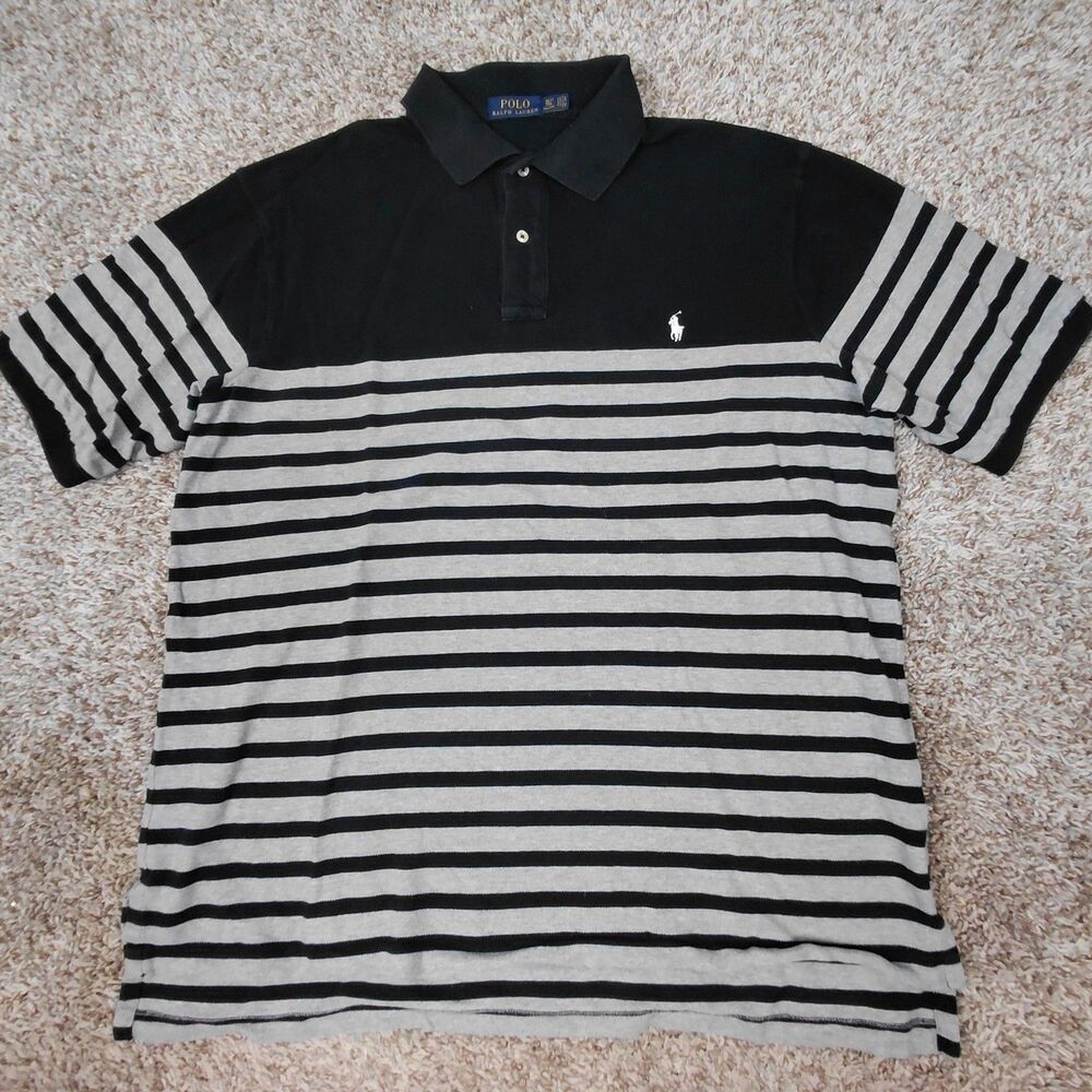 Polo Ralph Lauren Polo Shirt Mens XLT Tall Black Gray Stripe Pont Pique Preppy